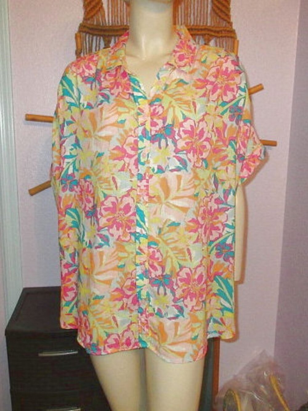 Time And Tru Button Up Top Size XL Linen Blend Tunic Camp Short Sleeves Tropical